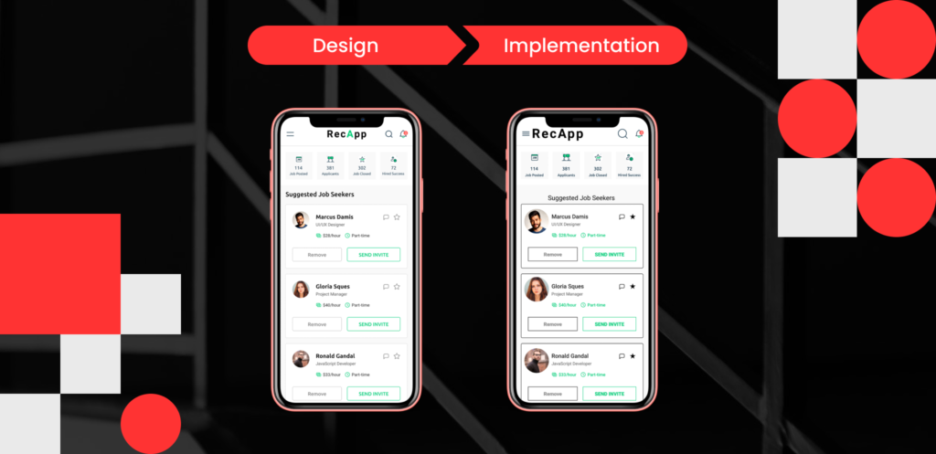 Two smartphone screens with a comparison of the UI/UX design of the same mobile app UI before and after its implementation, showing slight yet significant deviations from the expected outputs.
